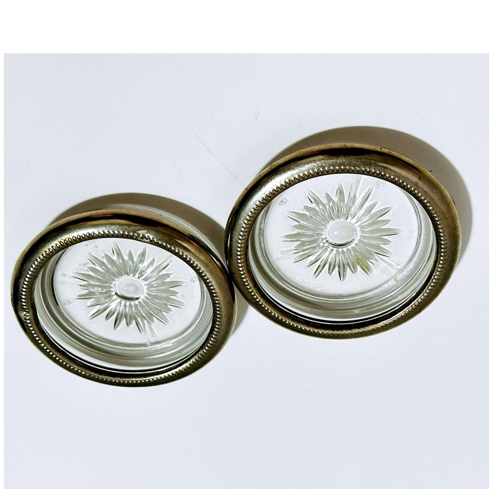 Vintage Made in Italy Glass Coasters Set 2 Silver Beaded Rim Sunburst Starburst